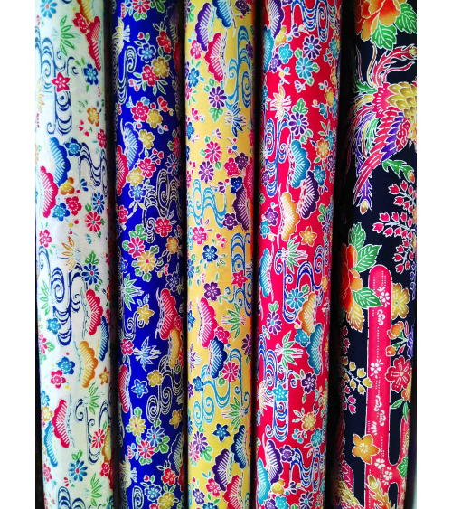 Japanese fabric. Bingata floral print over royal blue.