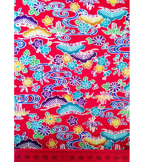 Japanese fabric. Bingata floral print over red.