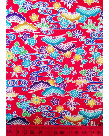 Japanese fabric. Bingata floral print over red.