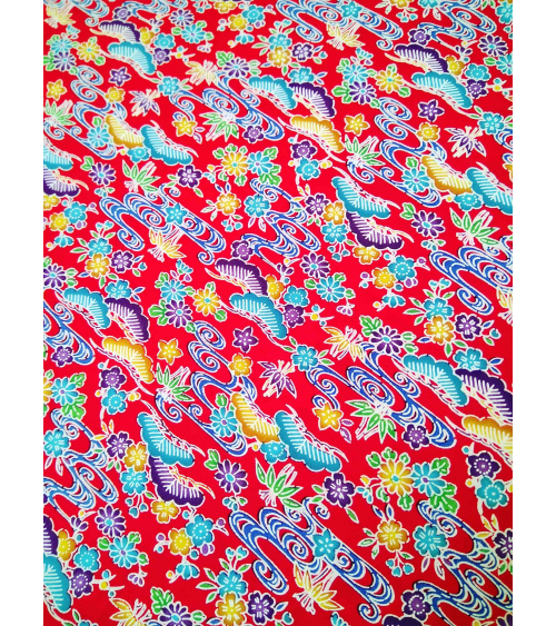 Japanese fabric. Bingata floral print over red.