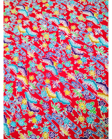 Japanese fabric. Bingata floral print over red.
