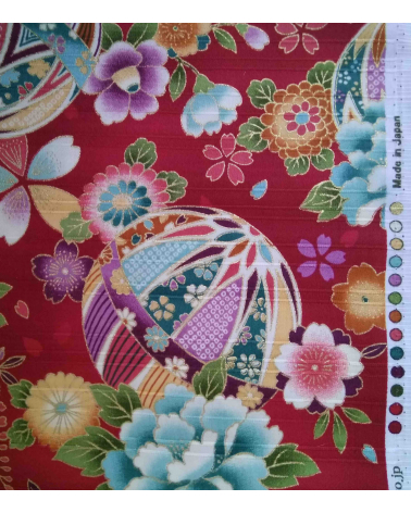 Satin fabric with temari over carmine red background
