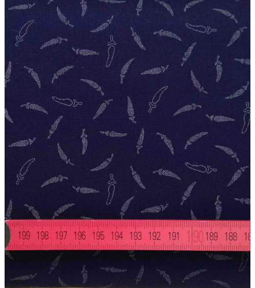 Japanese cotton fabric. Little chili peppers over indigo blue