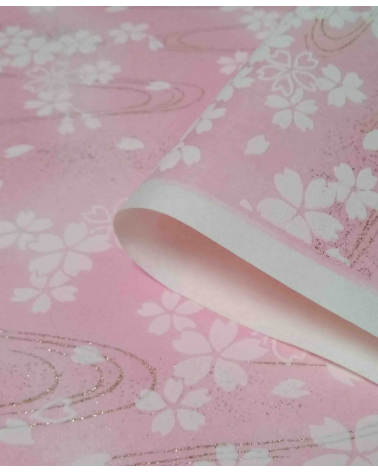 Papel chiyogami sakuras blancas en relieve sobre fondo rosa