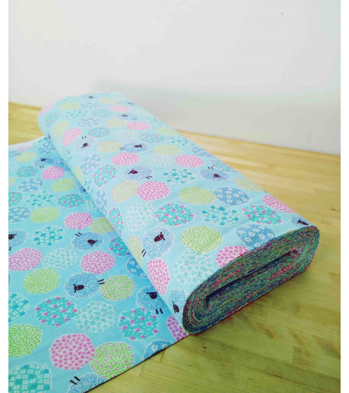 Little sheeps over blue. Japanese double gauze
