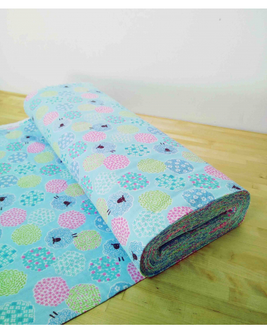 Little sheeps over blue. Japanese double gauze