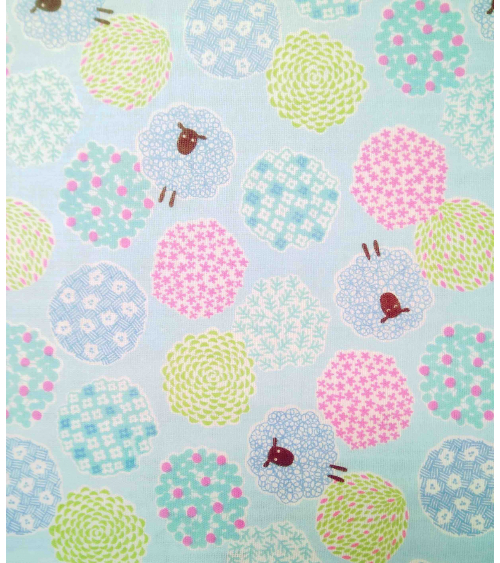 Little sheeps over blue. Japanese double gauze