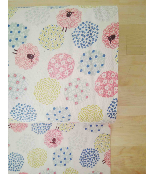 Little sheeps over sand color. Japanese double gauze