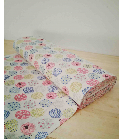 Little sheeps over sand color. Japanese double gauze