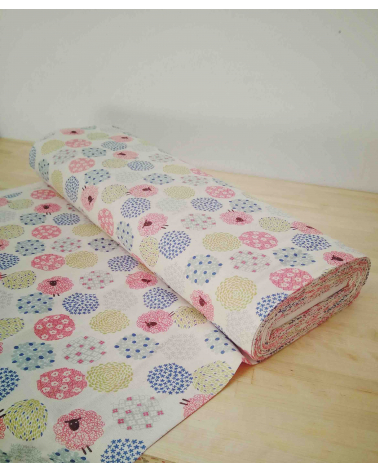 Little sheeps over sand color. Japanese double gauze