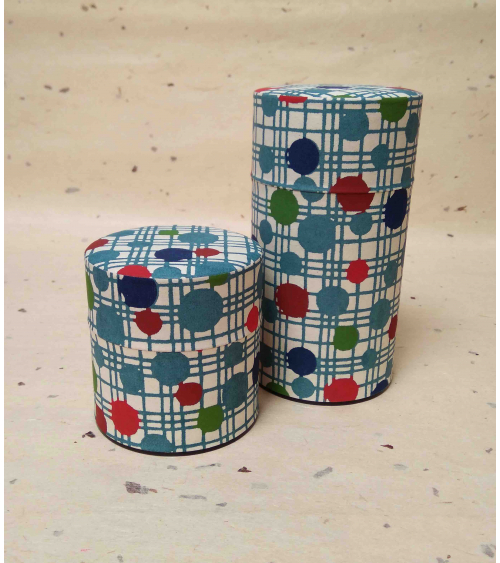 Circles tea caddy covered in katazome Japanese paper.