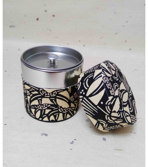 Graphic tea caddy covered in katazome Japanese paper.