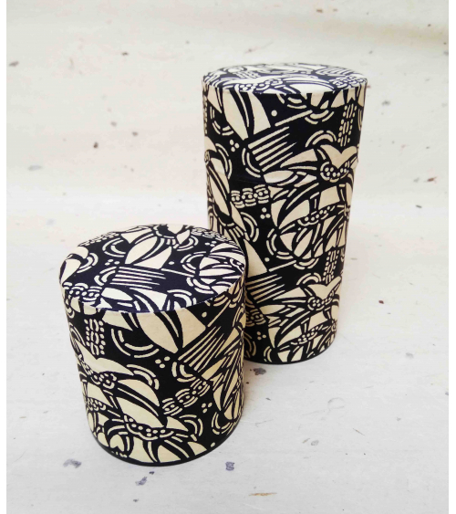 Graphic tea caddy covered in katazome Japanese paper.