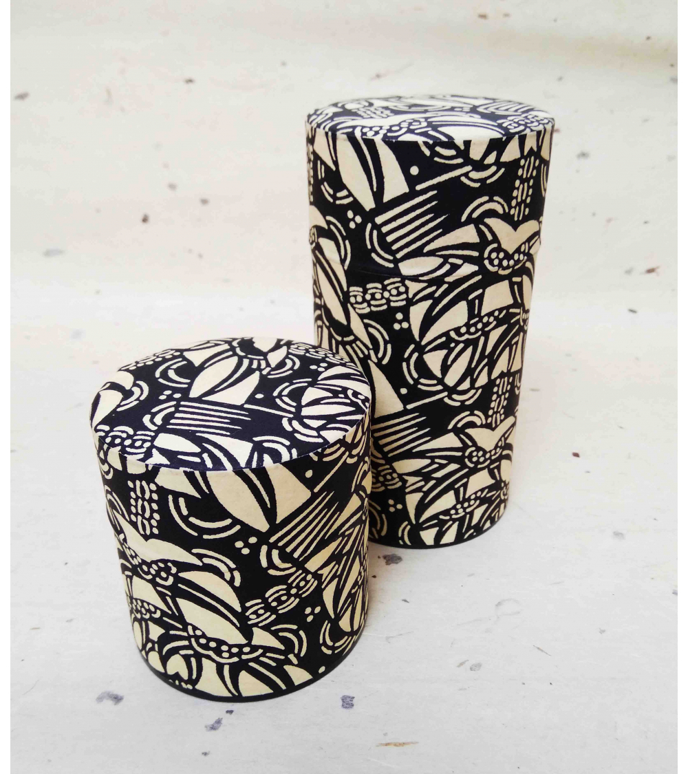 Graphic tea caddy covered in katazome Japanese paper.