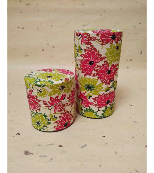 'Flowers' tea caddy covered in katazome Japanese paper.