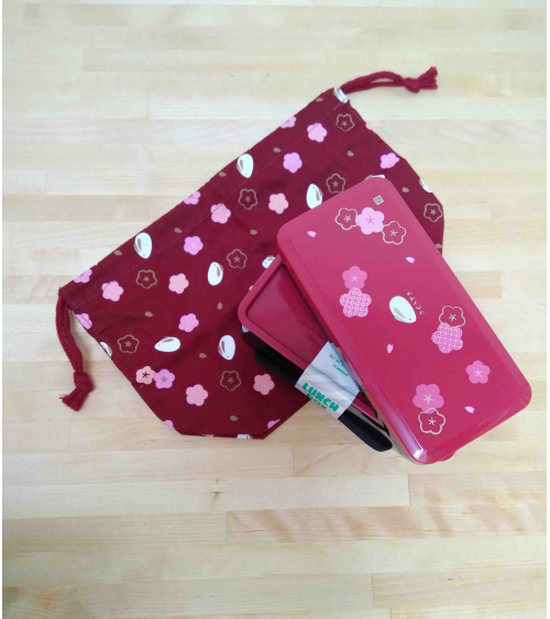 Bento box (Lunch box) ume y conejitos roja con bolsa