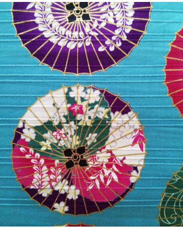 Satin de algodón Japonés. Sombrillas sobre turquesa.
