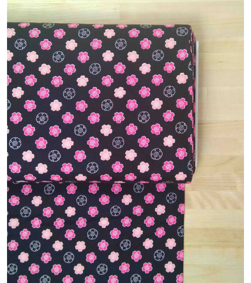 Japanese cotton fabric. Sakura flowers over black