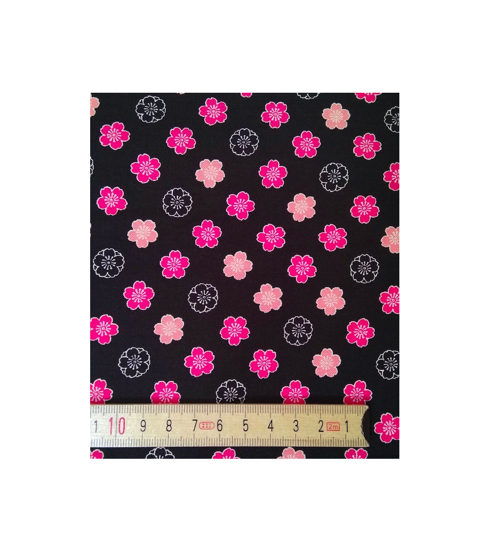 Japanese cotton fabric. Sakura flowers over black