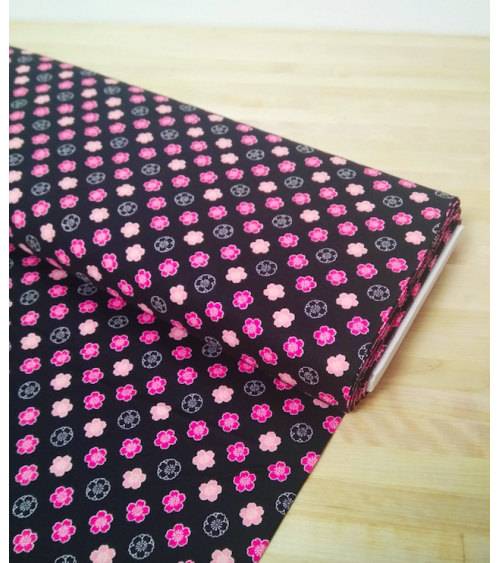 Japanese cotton fabric. Sakura flowers over black