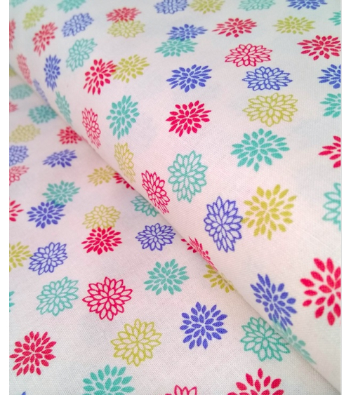 Japanese cotton fabric. Colorful Dahlias over beige.