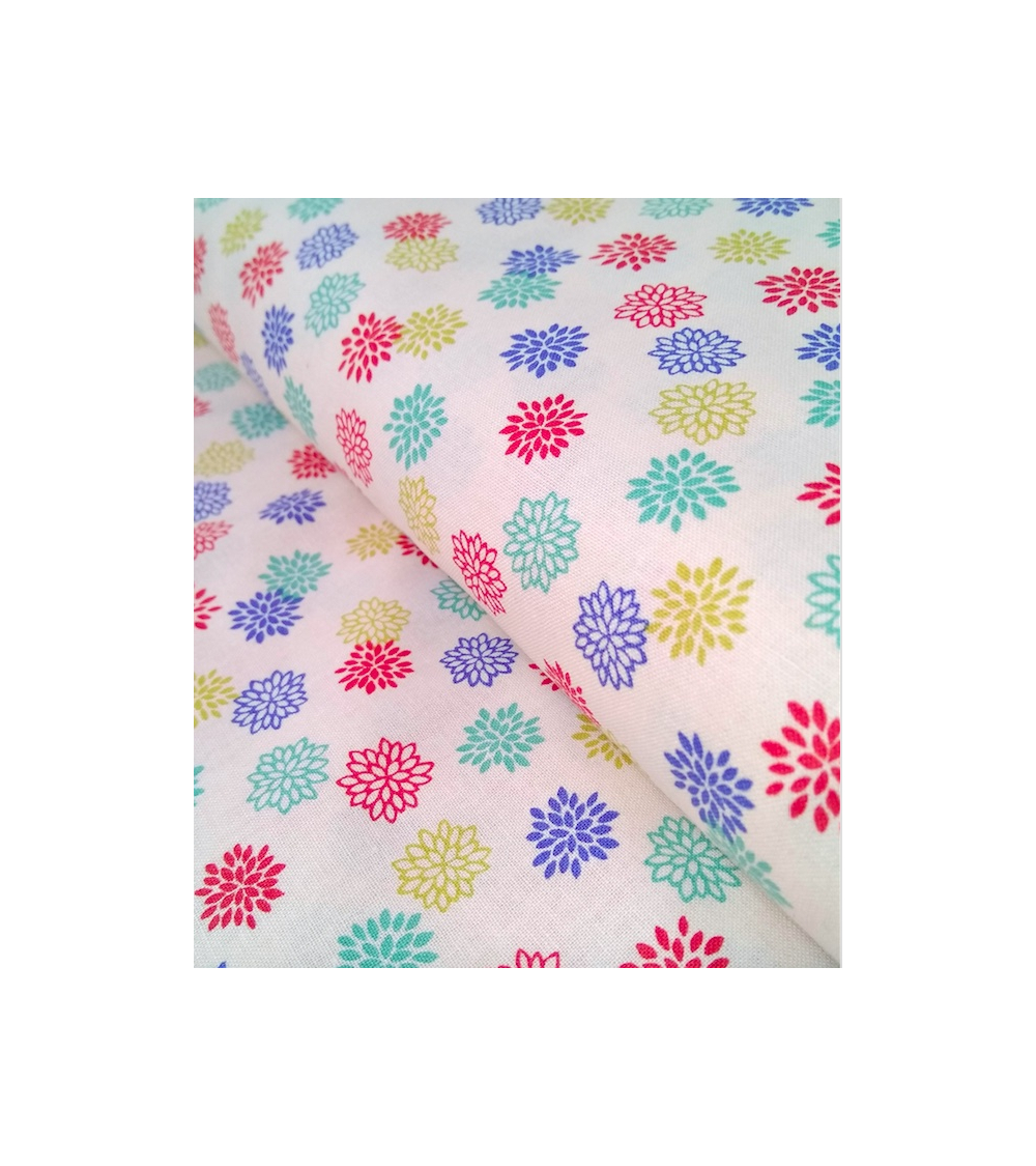 Japanese cotton fabric. Colorful Dahlias over beige.