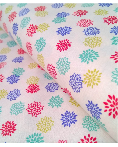 Japanese cotton fabric. Colorful Dahlias over beige.