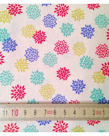 Japanese cotton fabric. Colorful Dahlias over beige.