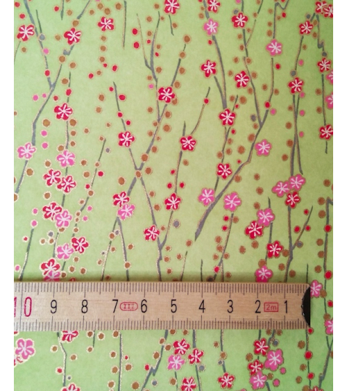 Chiyogami japonés de flores rojas y rosas sobre verde claro