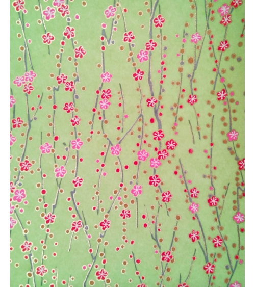 Chiyogami japonés de flores rojas y rosas sobre verde claro