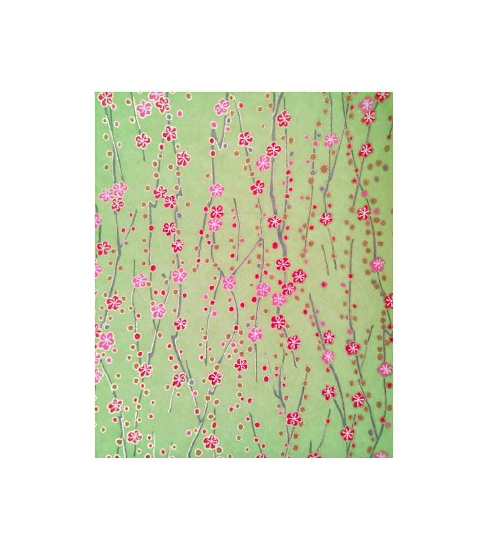 Chiyogami japonés de flores rojas y rosas sobre verde claro