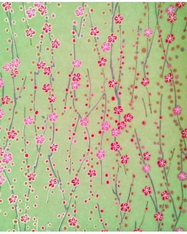 Chiyogami paper of red and pink flowers over pale green