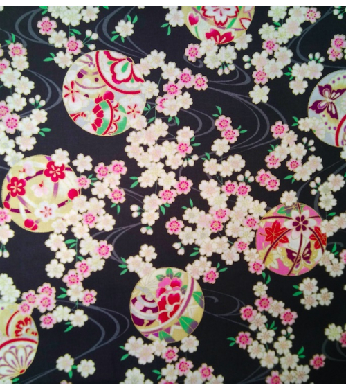 Japanese fabric. Sakura and temari over black.