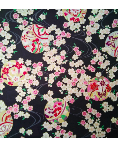 Japanese fabric. Sakura and temari over black.