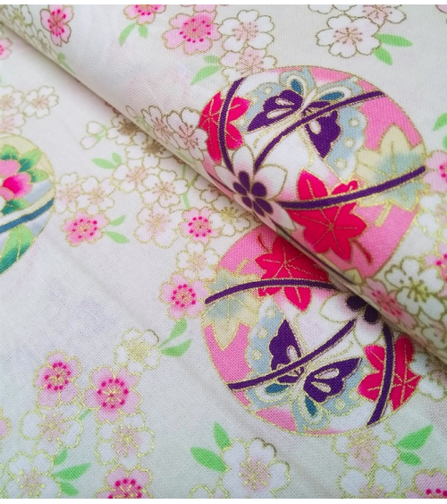 Japanese fabric. Sakura and temari over ivory.