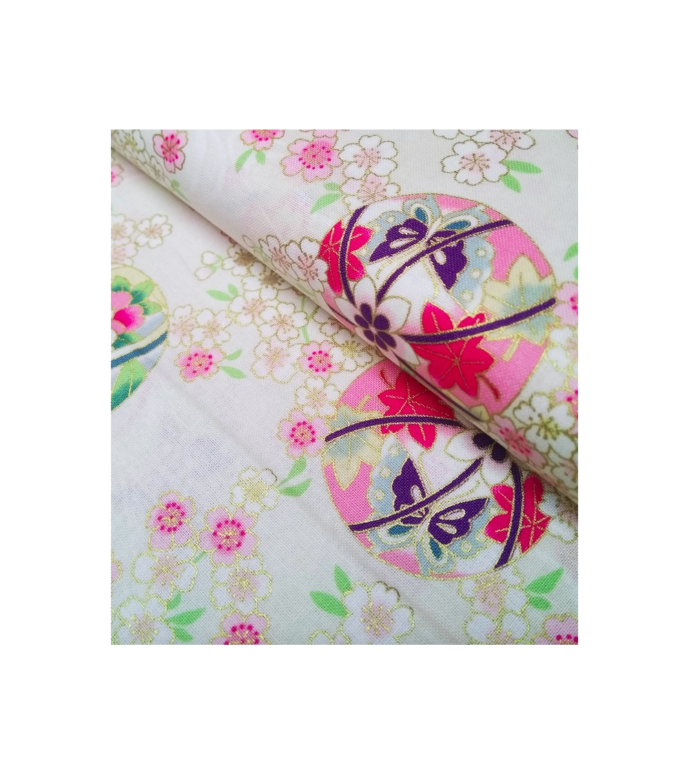 Japanese fabric. Sakura and temari over ivory.