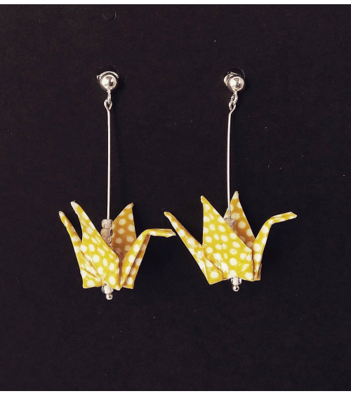 Pendientes grullas origami amarillos con bolita de plata