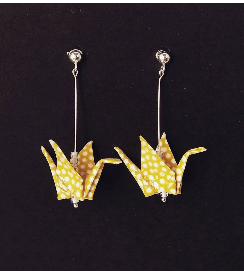 Pendientes grullas origami amarillos con bolita de plata
