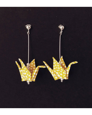 Pendientes grullas origami amarillos con bolita de plata