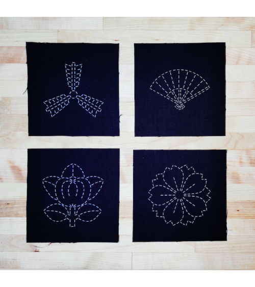 Conjunto de 4 plantillas 11x11cm sashiko (bordado japonés) en negro.