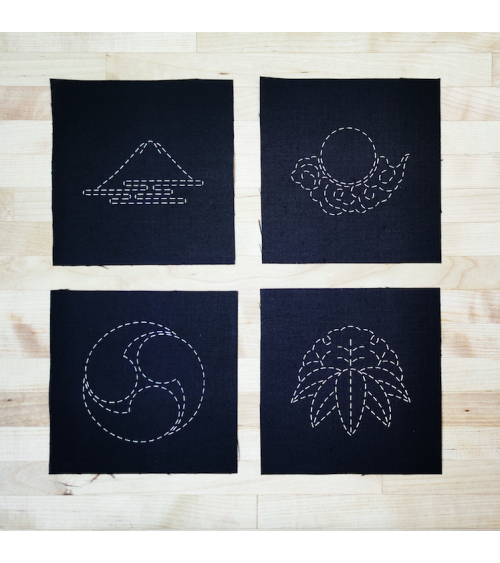 Conjunto de 4 plantillas 11x11cm sashiko (bordado japonés) en negro.
