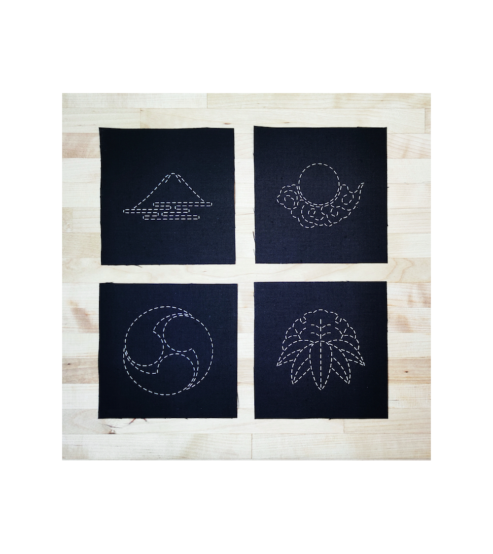 Conjunto de 4 plantillas 11x11cm sashiko (bordado japonés) en negro.