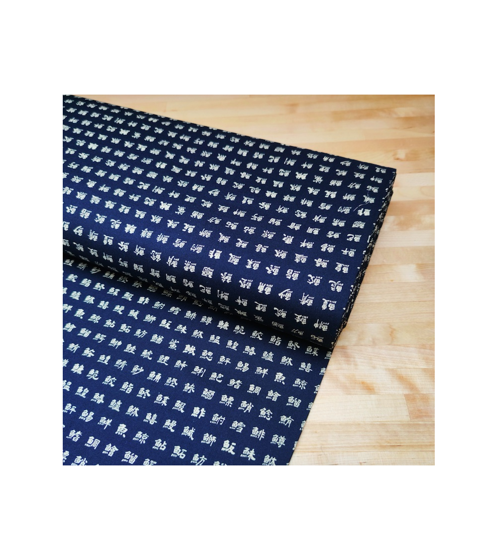 Japanese cotton fabric. Kanjis "names of fishes" on blue.
