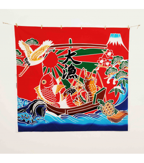 Bandera de pescadores japonesa "Buena Pesca" (Tairyou-bata) en rojo.
