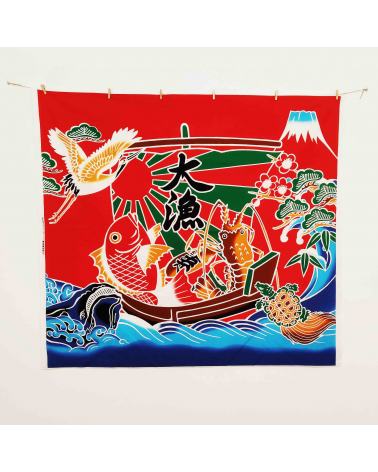 Bandera de pescadores japonesa "Buena Pesca" (Tairyou-bata) en rojo.