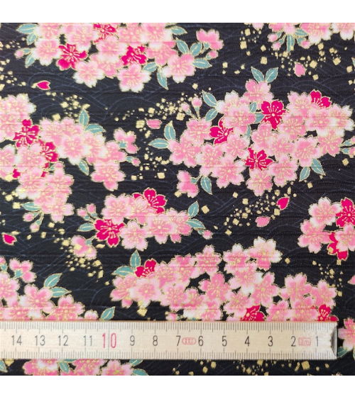Tela japonesa en Satin de algodón "Sakuras" negro.