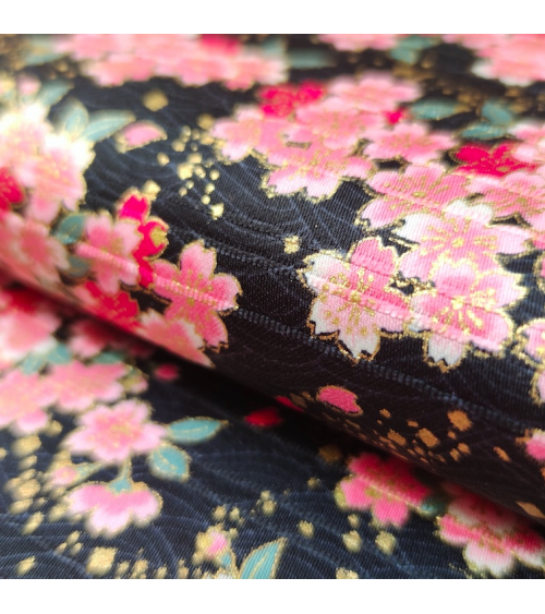 Tela japonesa en Satin de algodón "Sakuras" negro.