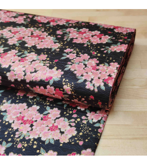 Tela japonesa en Satin de algodón "Sakuras" negro.
