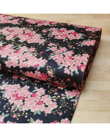 Tela japonesa en Satin de algodón "Sakuras" negro.
