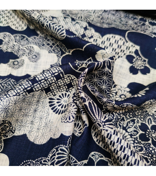 Tela japonesa Rustic Indigo. "Kumo to hana"